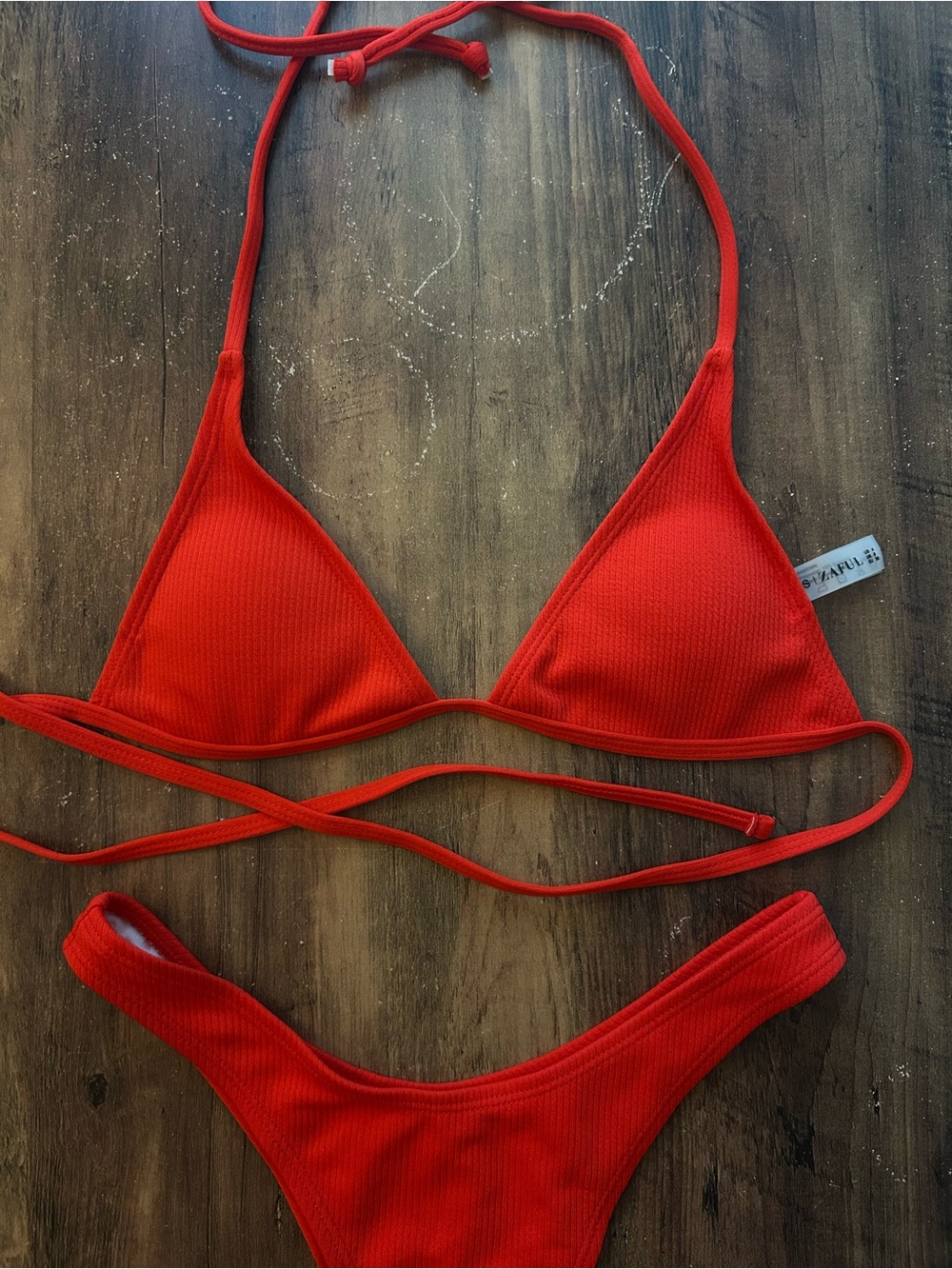 Zaful Red Ribbed Triangle Bikini Set - Picture 2 of 3
